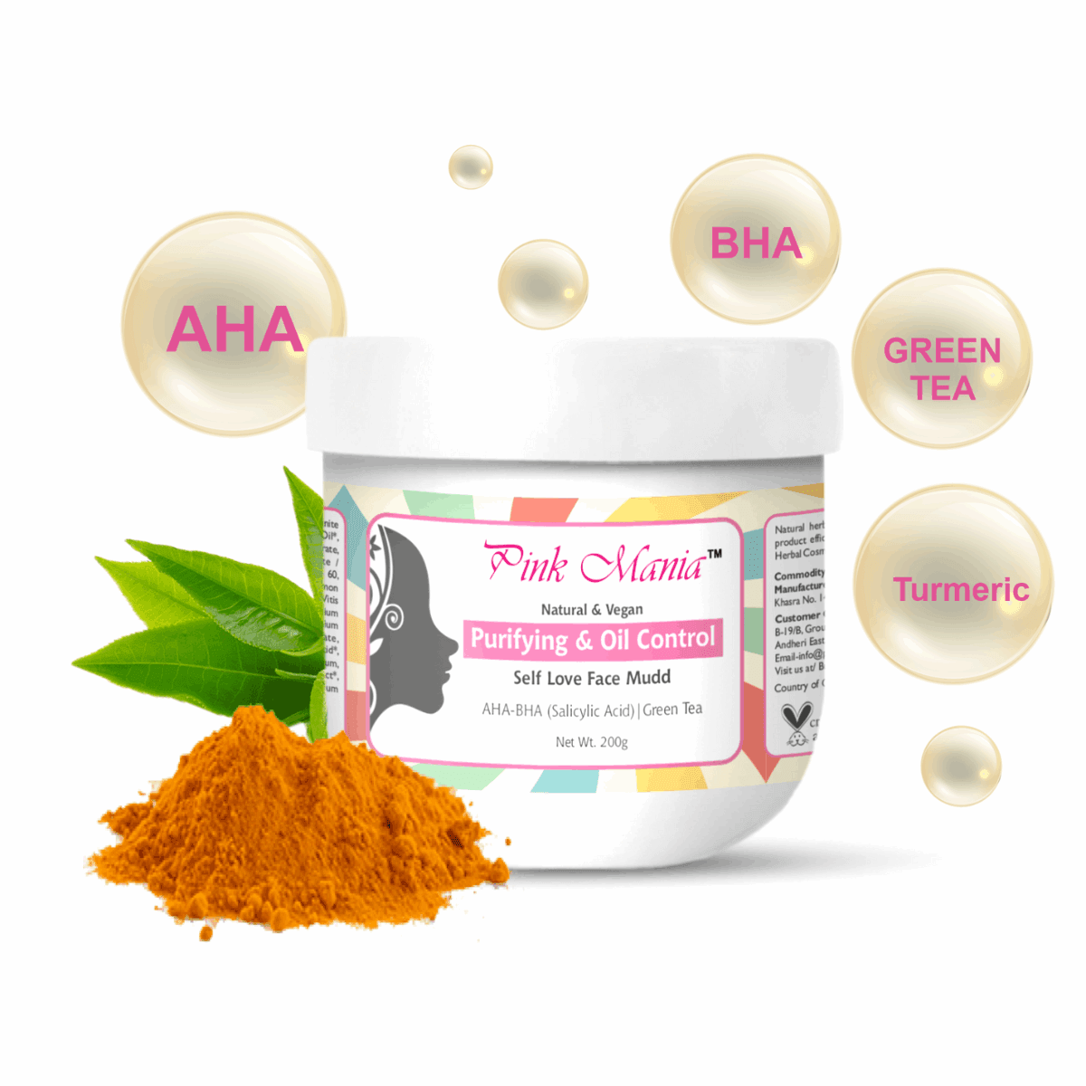 Pink Mania Purifying & Oil Control AHA BHA Face Mudd With Turmeric & Green Tea |Remove the dead cells & helps to prevent acne, blackheads and whiteheads | Natural & Vegan - 200g - passionindulge
