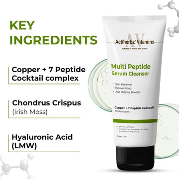 Actiherbz Multi Peptide + copper  Serum Cleanser with 8  Peptide Cocktail | Skin Renewal, Rejuvenation & Age-Defying Booster | Hydrating Face wash  Cleanser for All Skin Types  | airline travel friendly 60ml