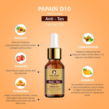 Papain D10 Facial Oil 10ml for Tan Removal | Uneven Skin Tone | Remove Dead Skin Cells | Natural & Vegan | Ayurvedic | All Skin Type