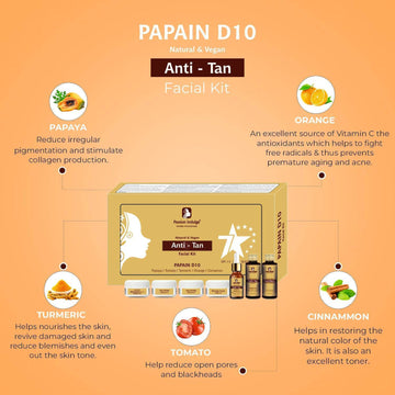 Papain D10 Natural 7 Star Facial Kit For Reduces Tan | Improves Tone & Texture | SPF 15 With Turmeric, Orange, Papaya, Tomato,Cinnamon | All Skin Type | Home Facial Kit | Natural & Vegan