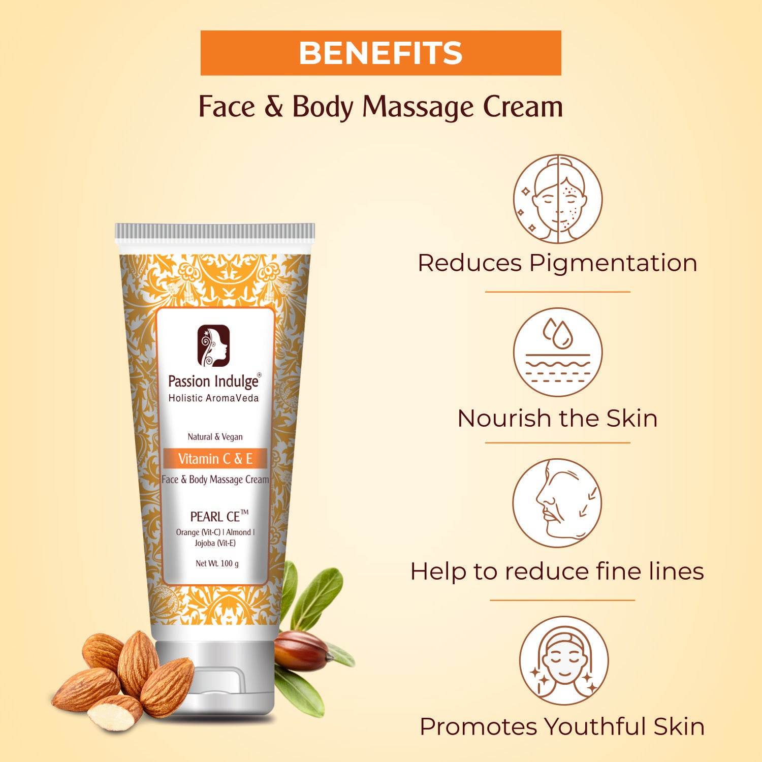 Natural Pearl CE Massage Cream 100gm for Deep Nourishing & Hydration Cream | Vit C & E | Beneficial for Face and Body | Natural & Vegan - passionindulge