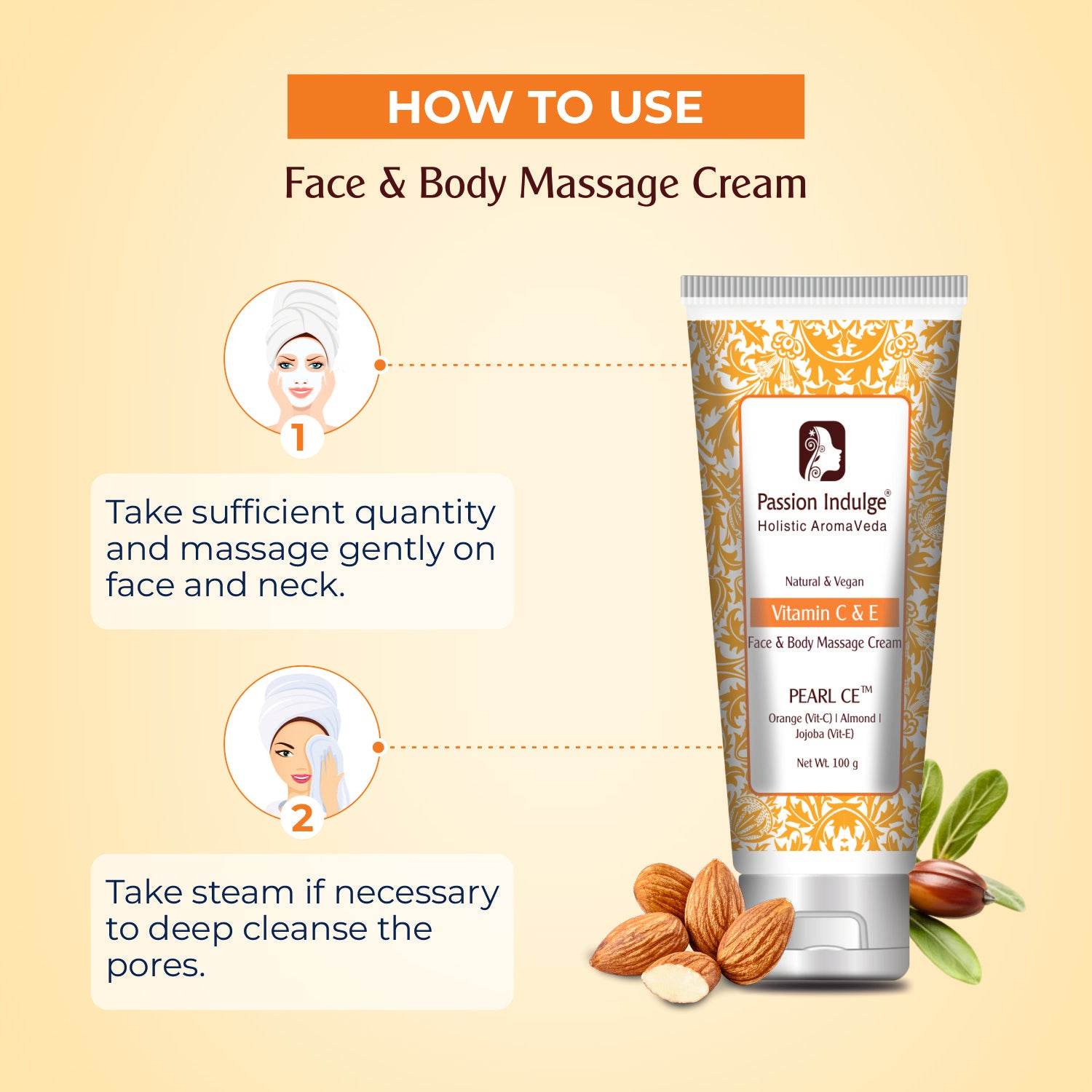 Natural Pearl CE Massage Cream 100gm for Deep Nourishing & Hydration Cream | Vit C & E | Beneficial for Face and Body | Natural & Vegan - passionindulge