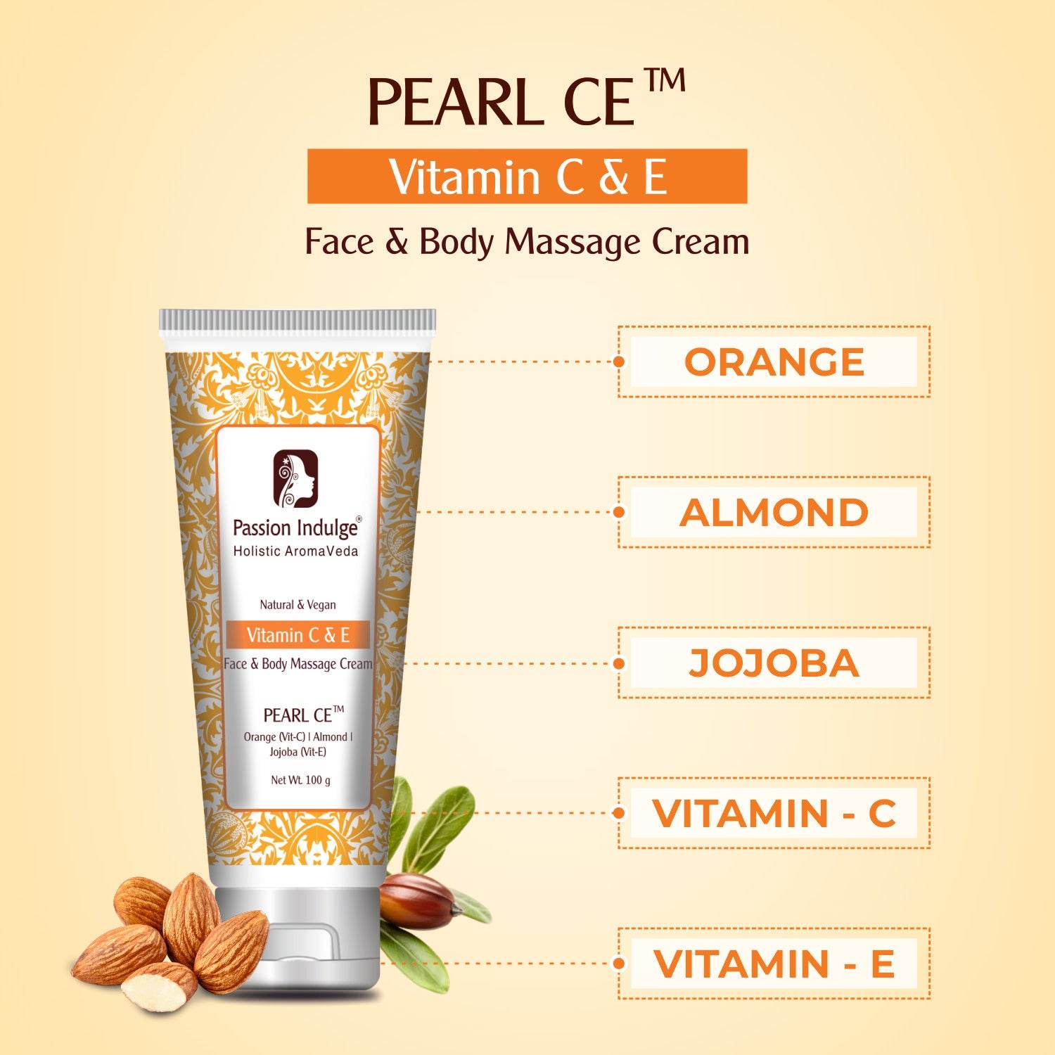 Natural Pearl CE Massage Cream 100gm for Deep Nourishing & Hydration Cream | Vit C & E | Beneficial for Face and Body | Natural & Vegan - passionindulge