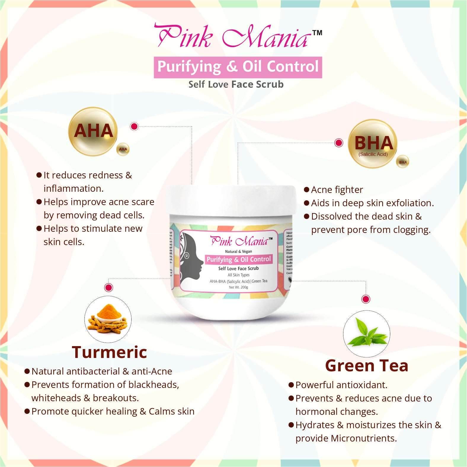 Pink Mania AHA BHA Purifying & Oil Control Face Scrubb & Anti-Dandruff & Hair Fall Control Shampoo Combo | Fights Skin infection & Reduce Hair Fall - passionindulge