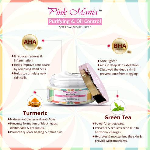 Pink Mania Purifying & Oil Control AHA BHA Face Cleanser & Face Moisturizer Combo For Healthy Skin With Turmeric & Green Tea Extract | Healing Skin Properties & Reduces blackheads - passionindulge