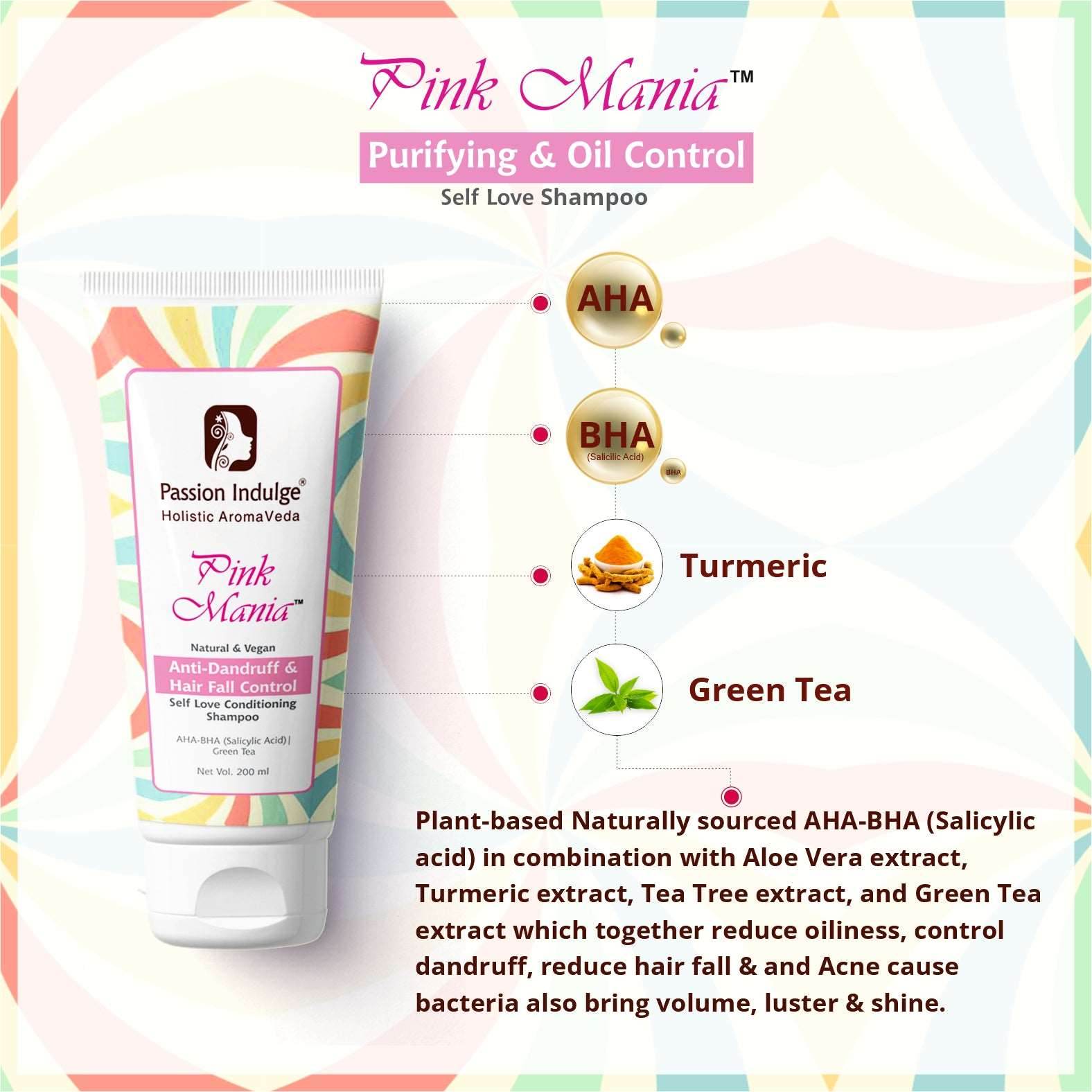 Pink Mania AHA BHA Anti-Dandruff & Hair Fall Control Shampoo (200 ml)| With Turmeric & Green Tea Extract. - passionindulge