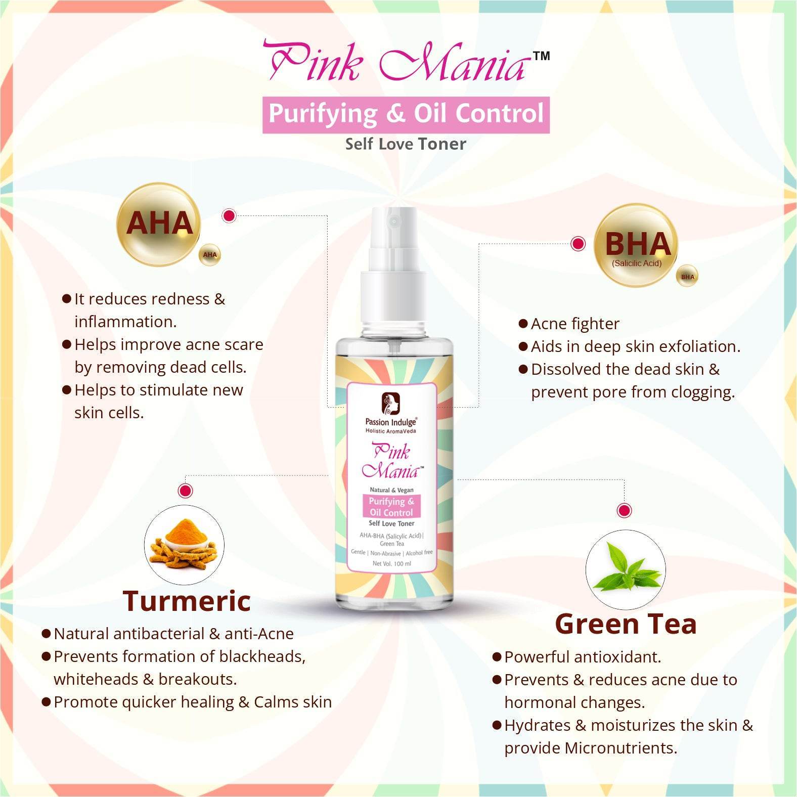 Pink Mania AHA BHA Purifying & Oil Control Face Cleanser & AHA-BHA Face Toner For Acne Control & Clear Skin - passionindulge