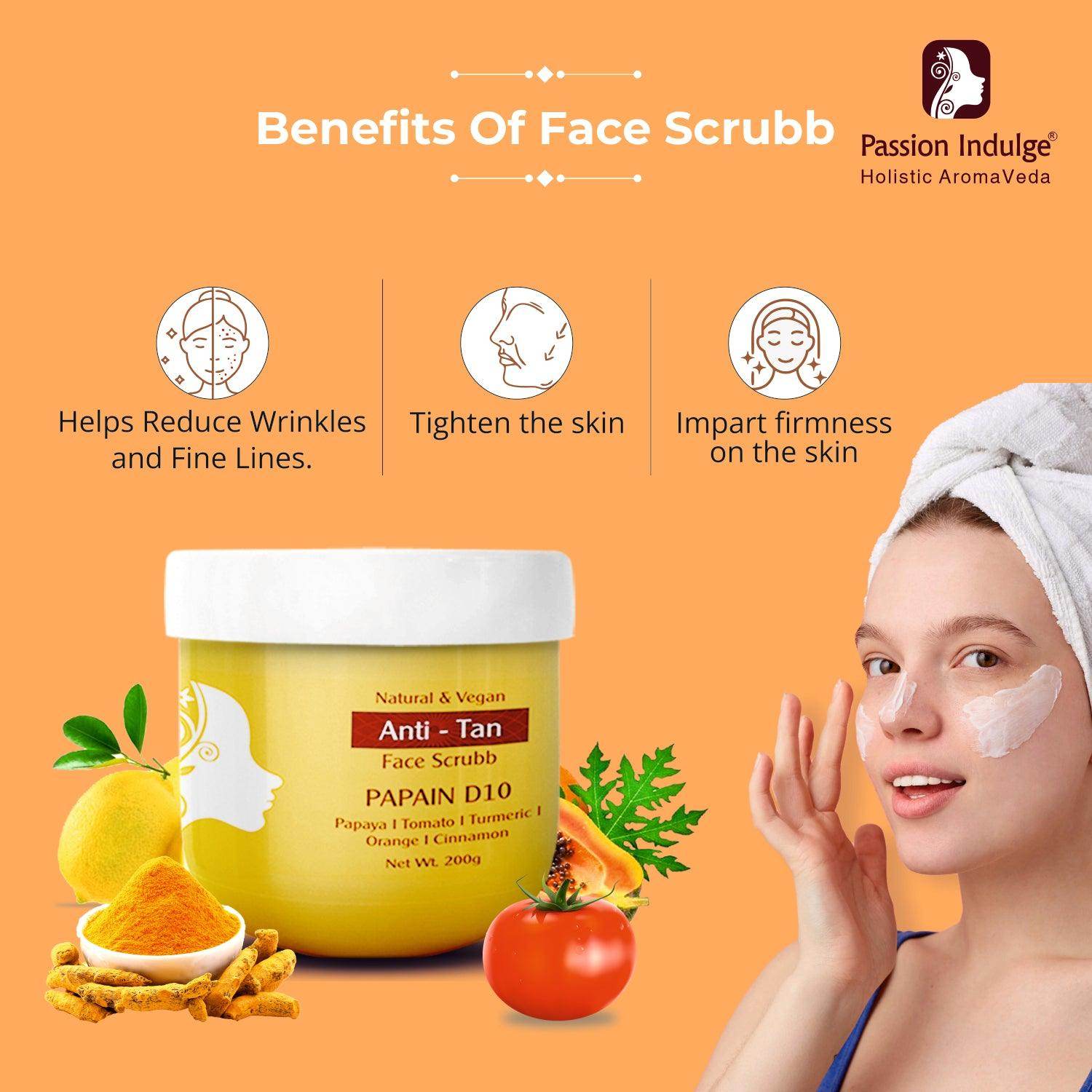Natural Papain D10 Face Scrub | Reduces Tan | Improves Tone & Texture | Remove Dead Skin Cells | Vegan | Ayurvedic | All Skin Types (200 gm) - passionindulge