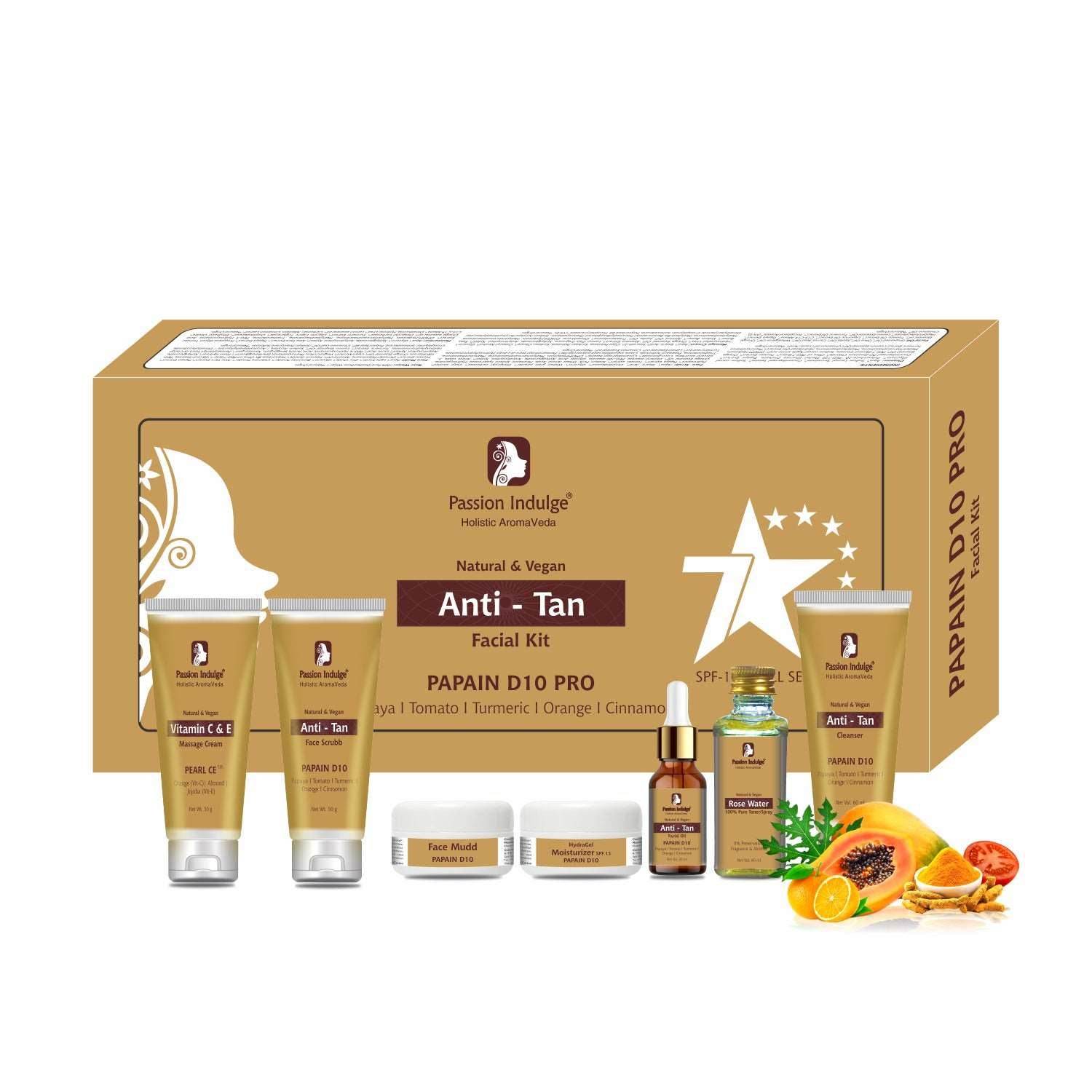 Papain D10 7 Star Pro Facial Kit For Anti Tan With Papaya, Tomato, turmeric, Orange, Cinnamon | All Skin Types | Natural & Vegan | professional Kit | Detan Kit| 7 steps - passionindulge