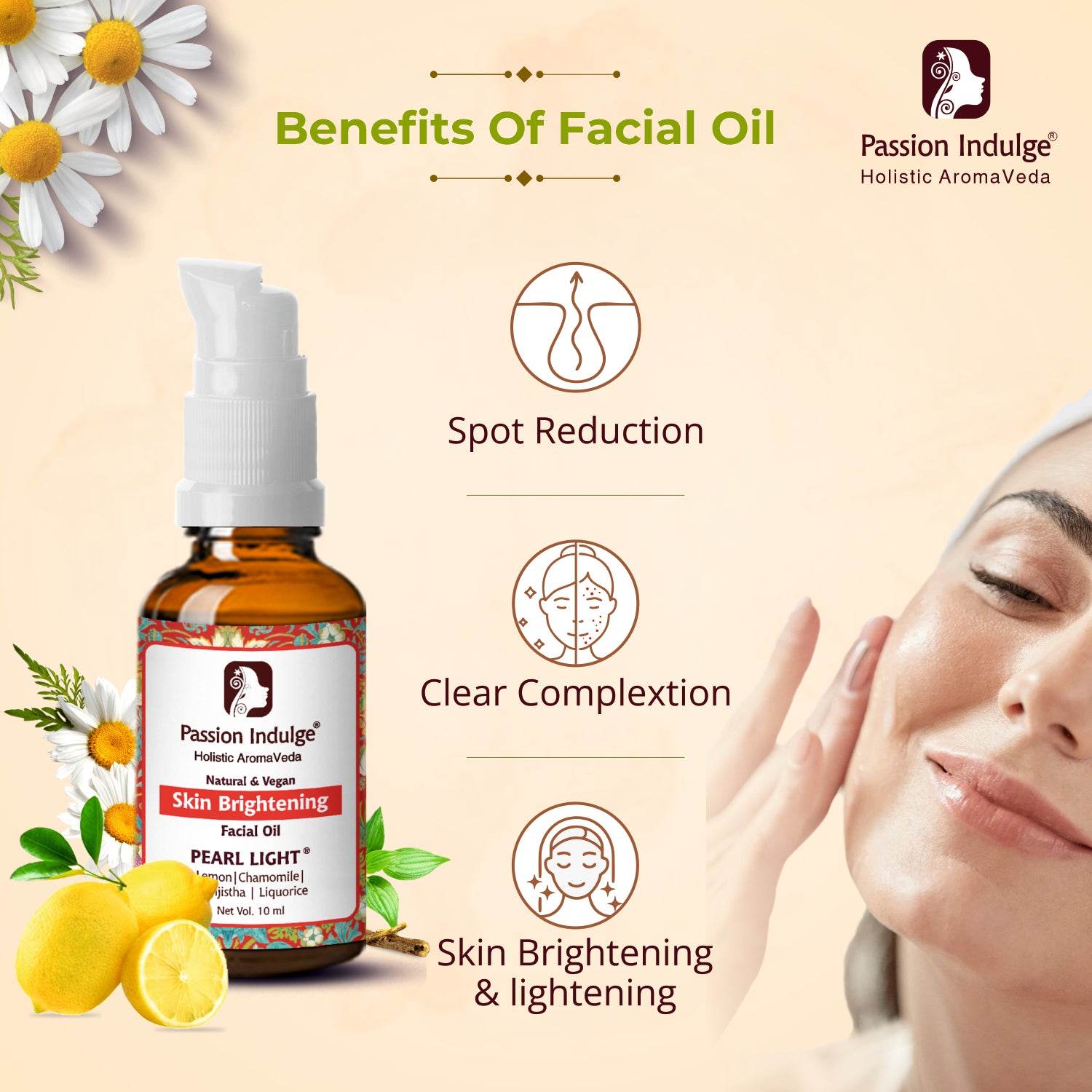 Pearl Light Facial Oil 10ml For Spot Reduction | Skin Brightening & lightening | Clear Complexion | Natural & Vegan | Ayurvedic | All Skin Type - passionindulge