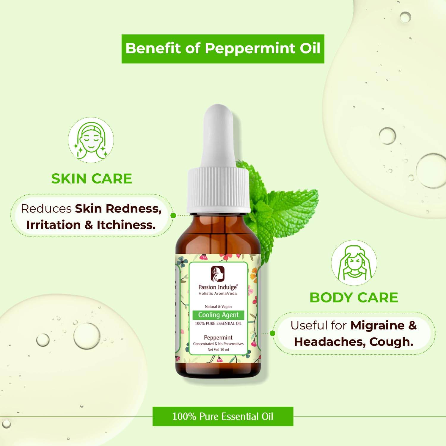 Peppermint Essential Oil 10ml for Reduces Redness, Irritation, Itchiness and Cooling Effect on Skin | Natural & Vegan - passionindulge