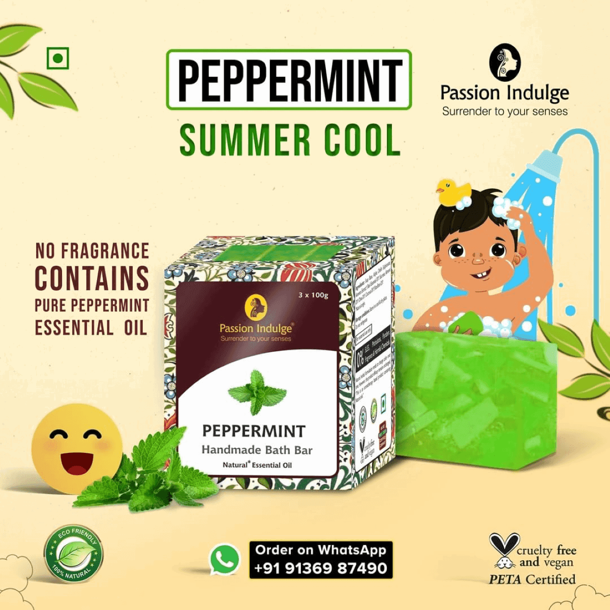 Handmade Bath Bar Soap Peppermint - each 100gm | Natural & Vegan | Aromatherapy | Peta Certified ( Pack of 3 ) - passionindulge