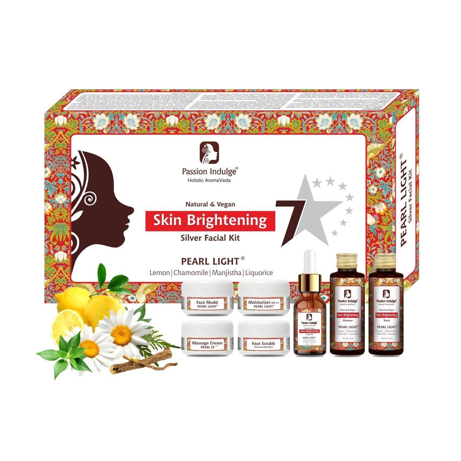 Pearl Light 7 Star Facial Kit For Glowing Skin | Skin Brightening| Spot Reduction | SPF 15 With Lemon & Chamomile | Home Facial Kit | Natural & Vegan - passionindulge