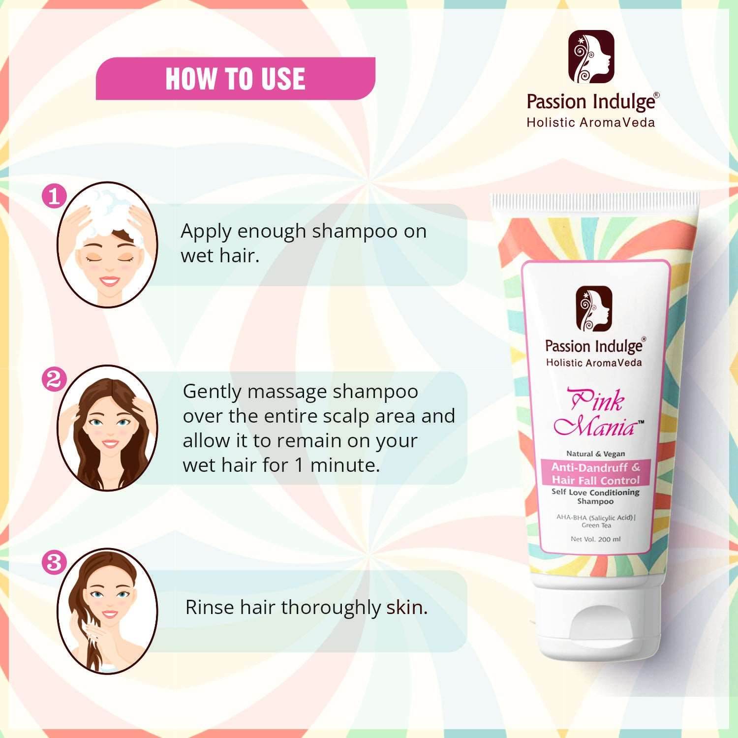 Pink Mania AHA BHA Anti-Dandruff & Hair Fall Control Shampoo (200 ml)| With Turmeric & Green Tea Extract. - passionindulge