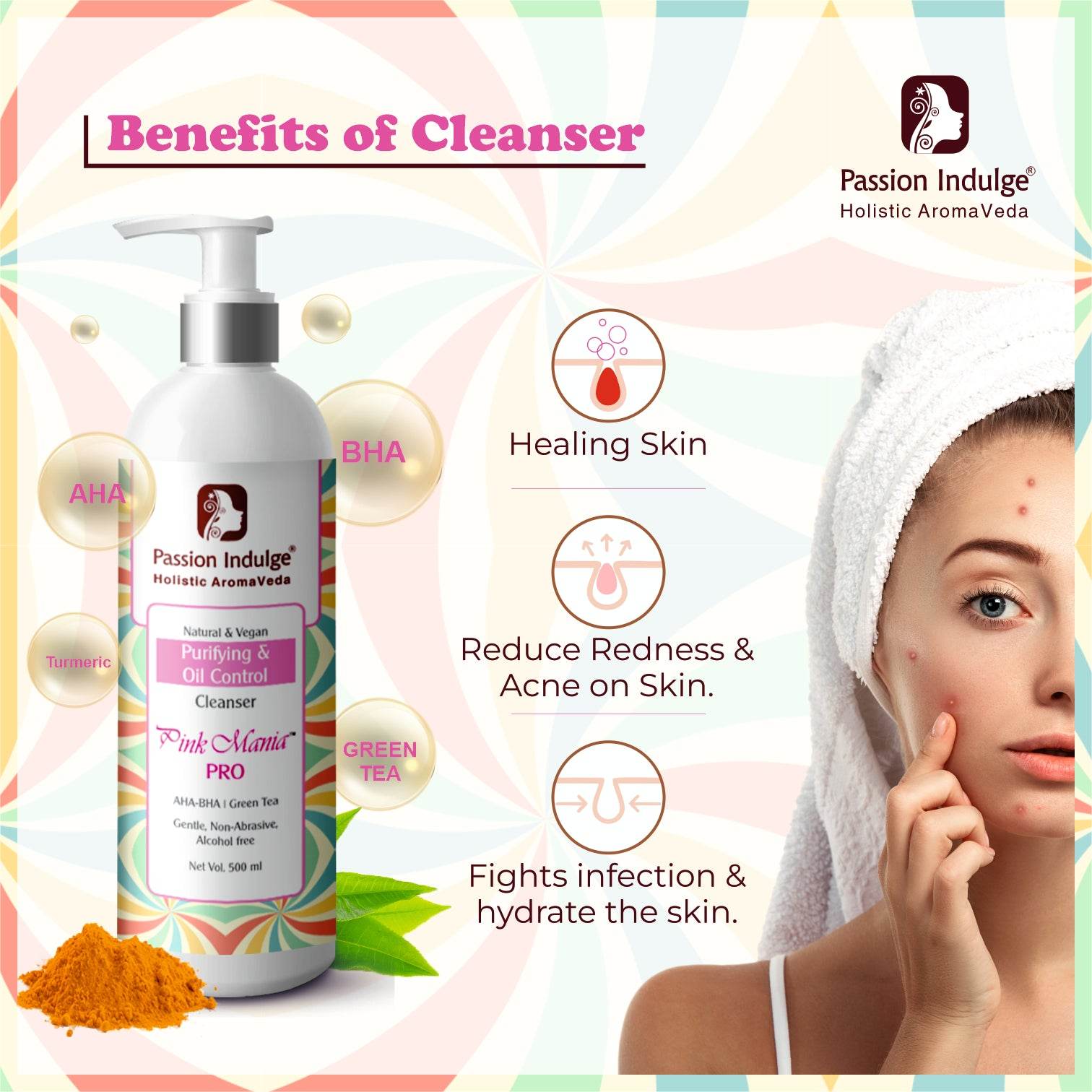 Professional Anti-acne face Cleanser- Pinkmania PRO | Skin Purifying, Oil Control with AHA BHA- 500 ml - passionindulge