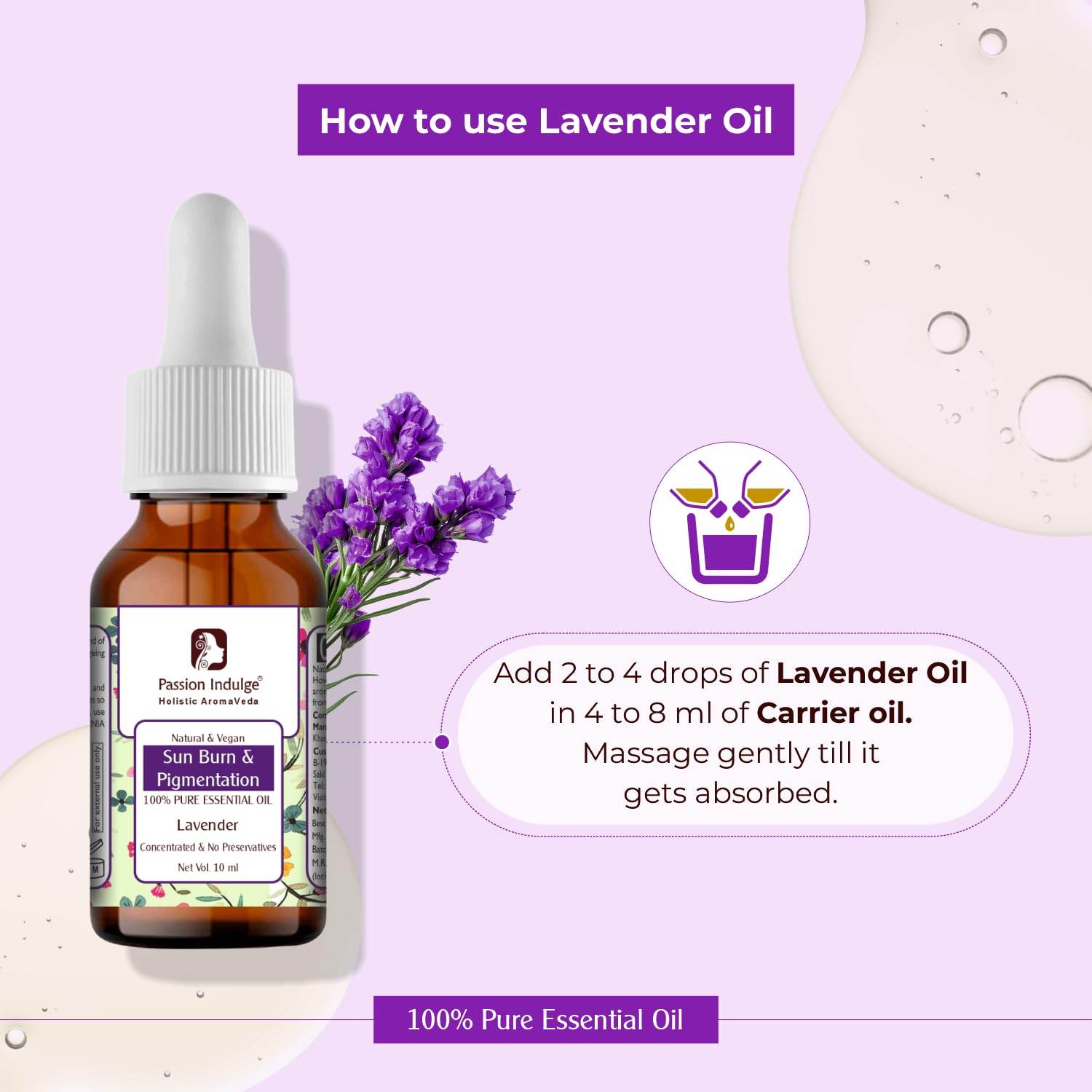 Lavender Pure Essential Oil 10ml for Acne | Sun Burn | Pigmentation & insect Repellent | Natural & Vegan - passionindulge