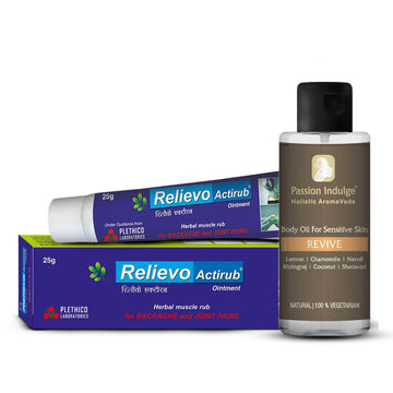 PITTA Pain Relief Combo for Sensitive Skin - Revive Body massage oil + Relievo Actirub Ointment | For Joints & Backache, Sleep Disorder, Calming Mind - passionindulge