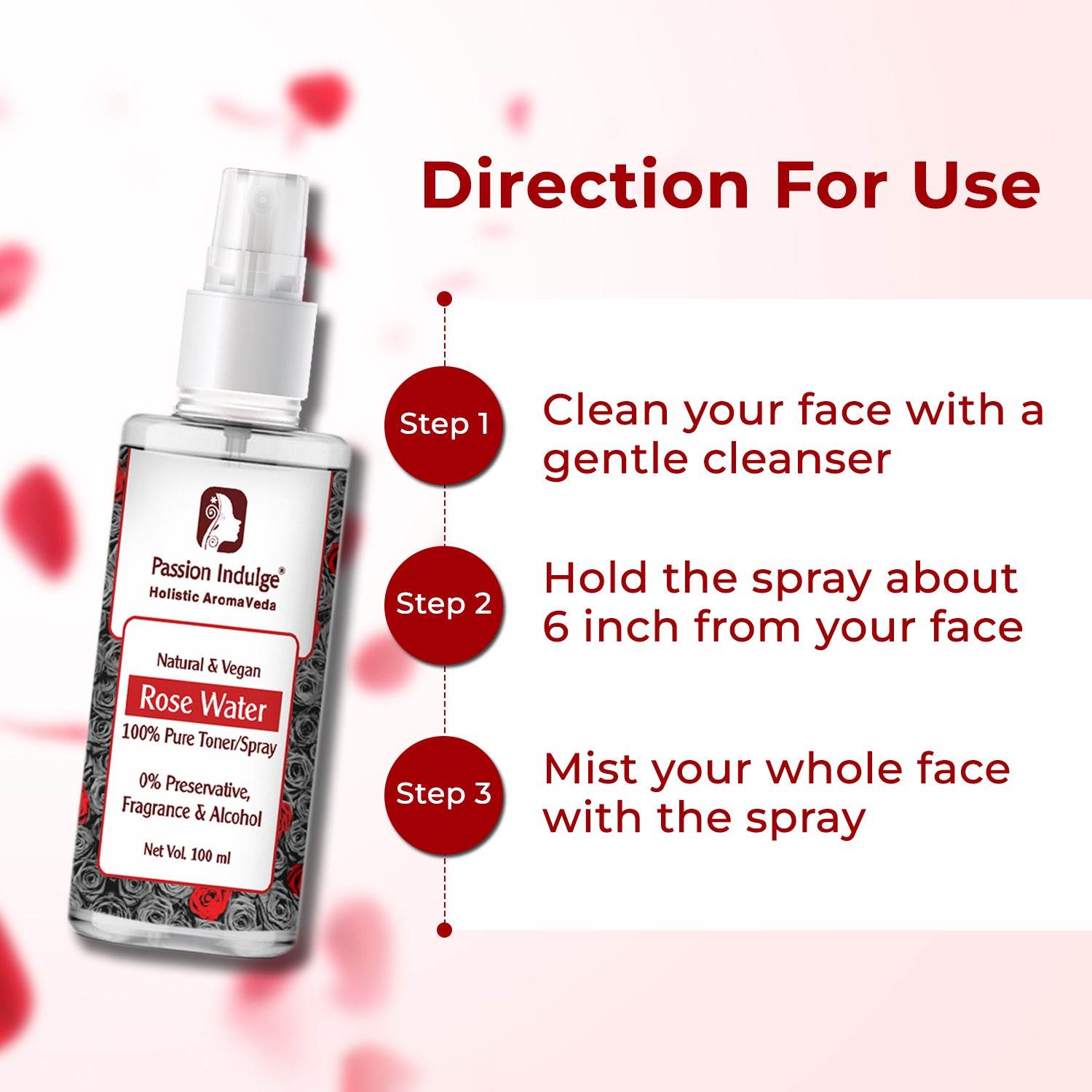 Rose Water for Makeup Remover - 100ml | Skin Refreshing | Make up Remover | 100% Rose Distilled Water | Gulab Jal | 100 % Natural | Buy 1 Get 1 Free - passionindulge