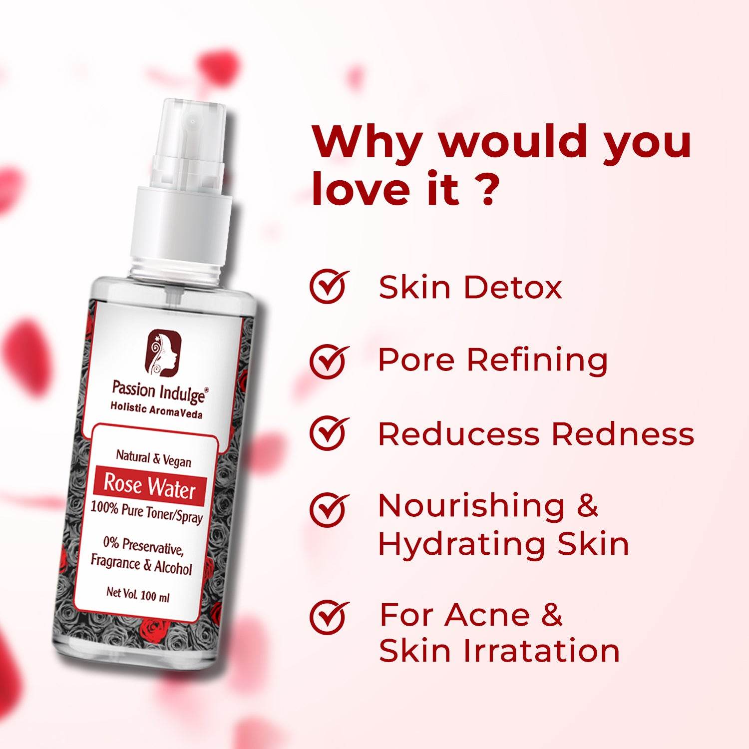 Rose Water for Makeup Remover - 100ml | Skin Refreshing | Make up Remover | 100% Rose Distilled Water | Gulab Jal | 100 % Natural | Buy 1 Get 1 Free - passionindulge