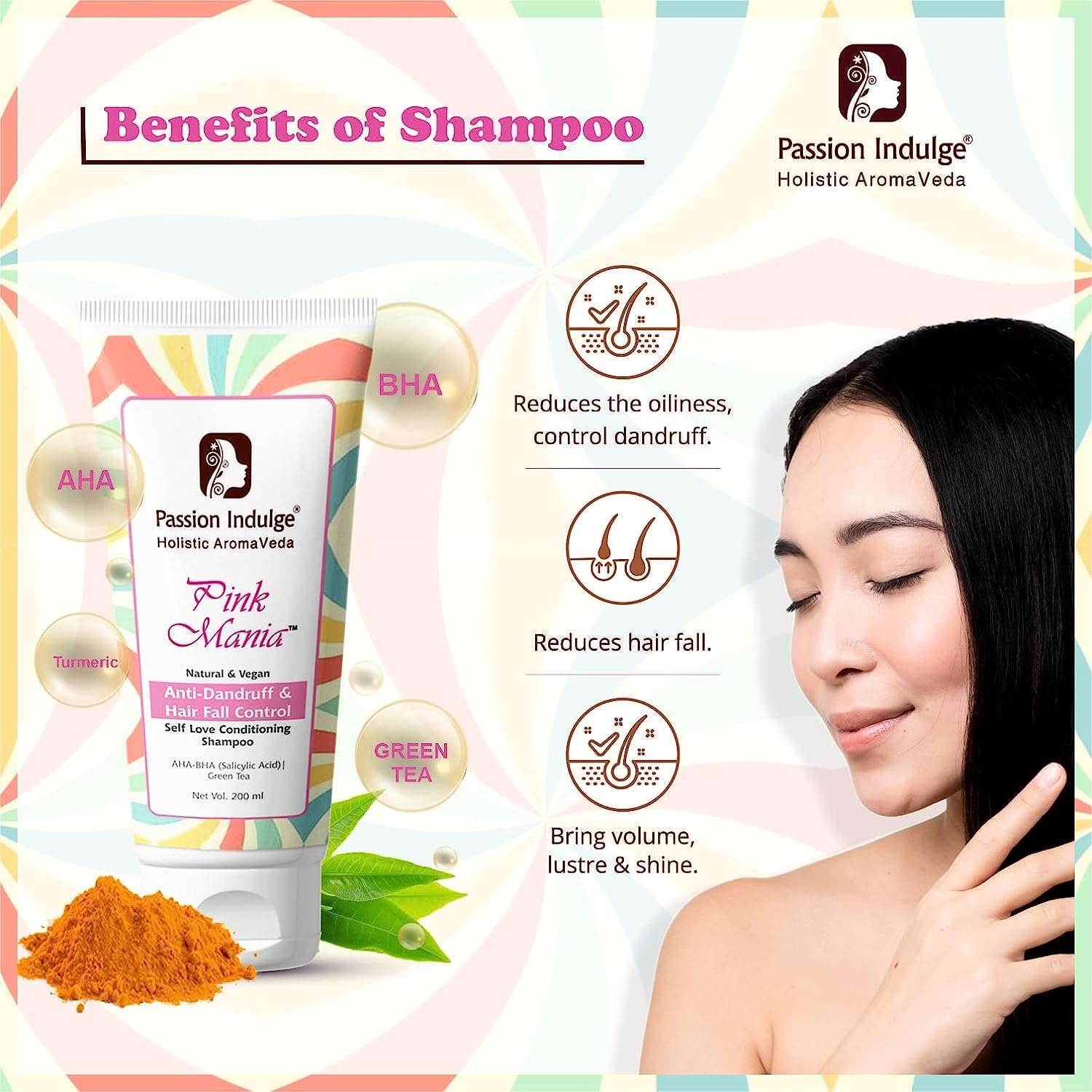 Pink Mania AHA BHA Anti-Dandruff & Hair Fall Control Shampoo (200 ml)| With Turmeric & Green Tea Extract. - passionindulge