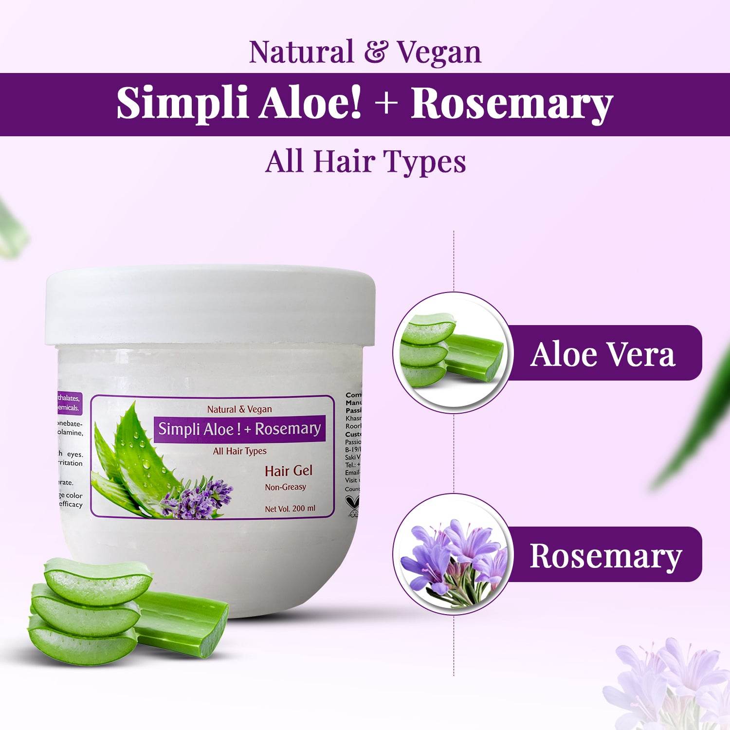 Simpli Aloe + Rosemary Hair Gel | Natural & Vegan | Non-Greasy Styling Gel for All Hair Types | 100% Herbal & Nourishing Hair Care - passionindulge