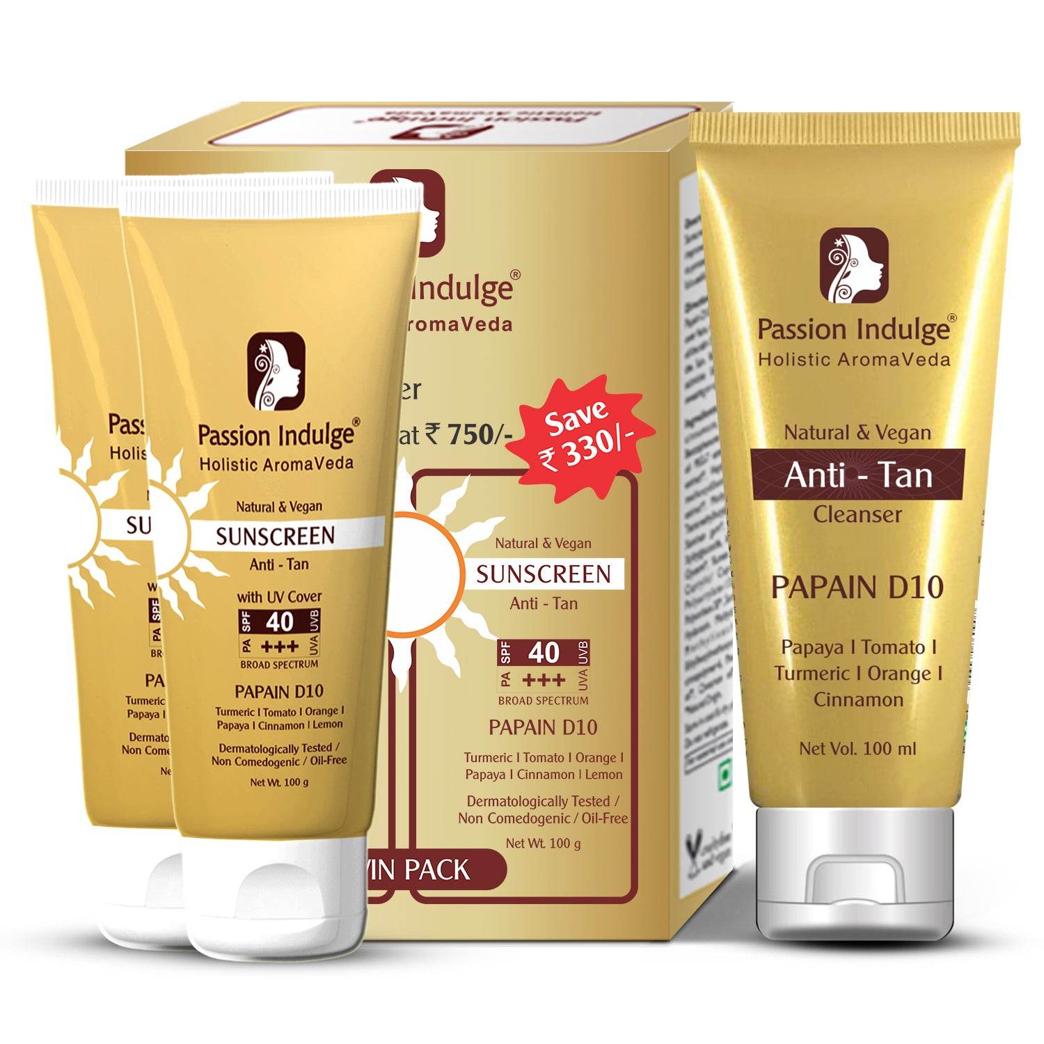 Papain D10 Cleanser 100ml & Papain D10 Sunscreen (Pack of 2) 100ml, SPF 40+++, Combo Pack | Anti-Tan formula, UV Protection | Dermatologically Tested | Papaya | Turmeric | All Women & Men - passionindulge