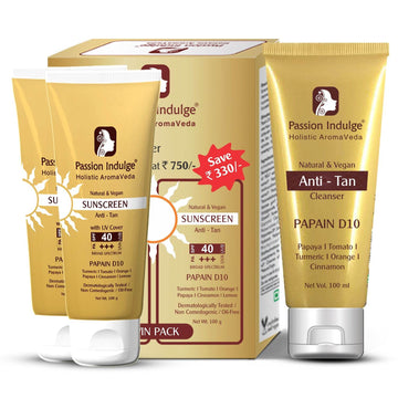 Papain D10 Cleanser 100ml & Papain D10 Sunscreen (Pack of 2) 100ml, SPF 40+++,  Combo Pack | Anti-Tan formula, UV Protection | Dermatologically Tested | Papaya | Turmeric | All Women & Men