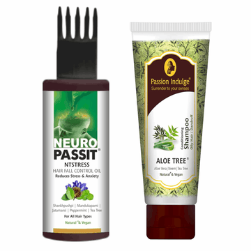 Natural Neuropassit NTstress Hair fall control & Cooling oil, Reduce Stress & Anxiety, Promote Good Sleep 100ml & Aloe Tree 2 in 1 Anti Dandruff & Oily Scalp Conditioning shampoo 100ml - passionindulge