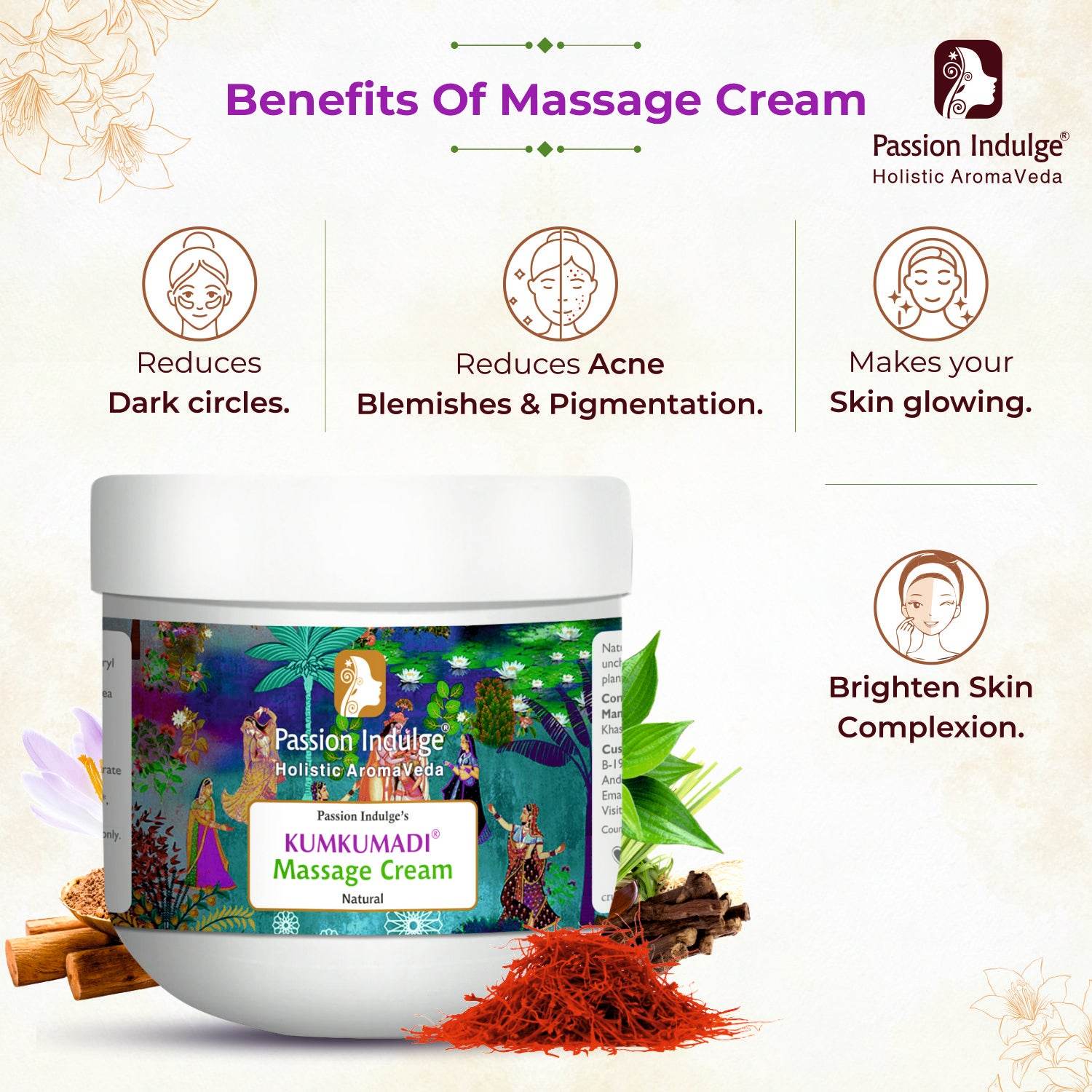 Kumkumadi Tailam Face & Body Massage Cream For Glowing Skin - 200 gm| Blended with Kumkumadi Oil, Shea Butter & 16 Herbs - passionindulge