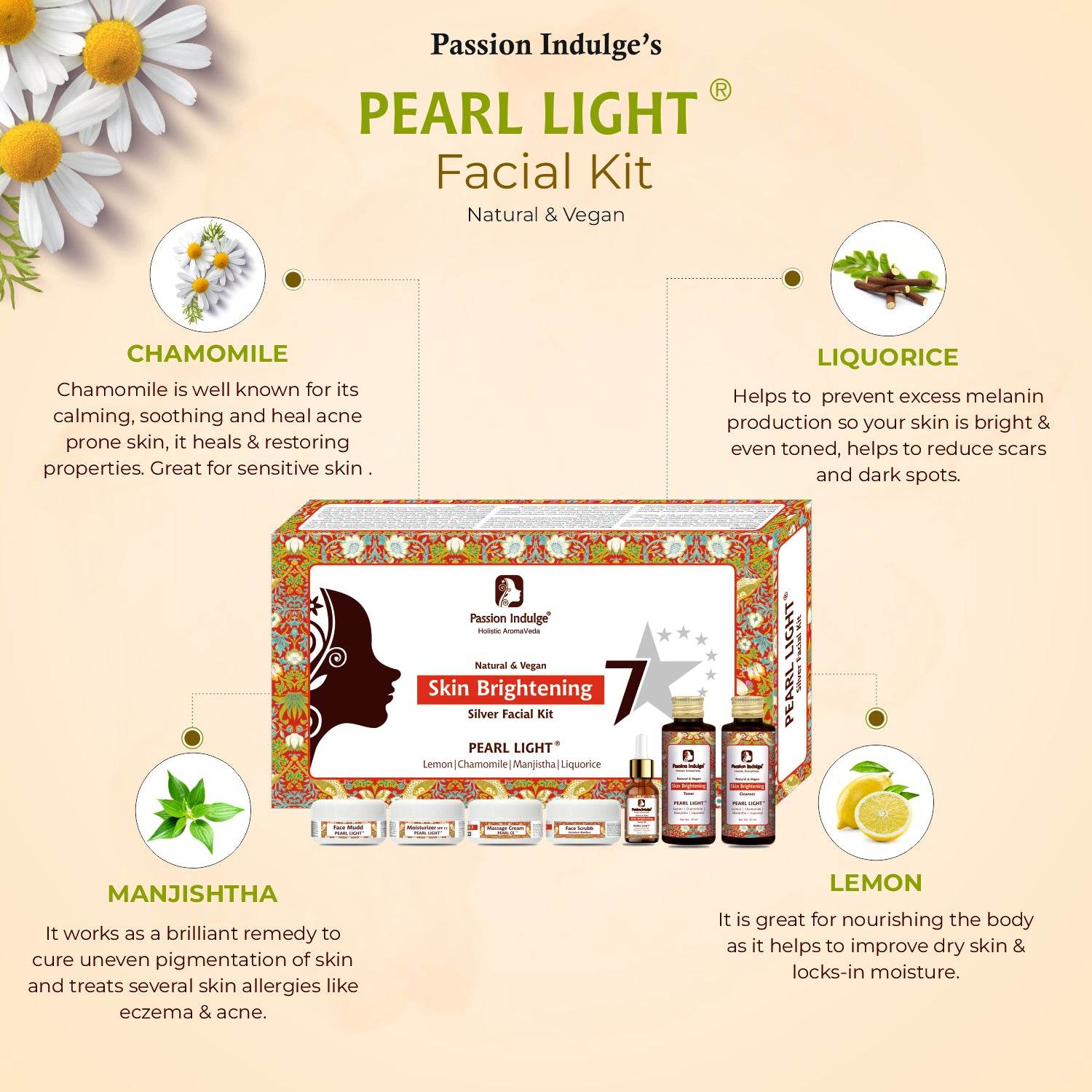 Pearl Light 7 Star Pro Facial Kit For Skin Brightening & Shine With Lemon, Chamomile, Manjistha, Liquorice| All Skin Types | Natural & Vegan | professional Kit| skin lightening| spot reduction | 7 steps - passionindulge