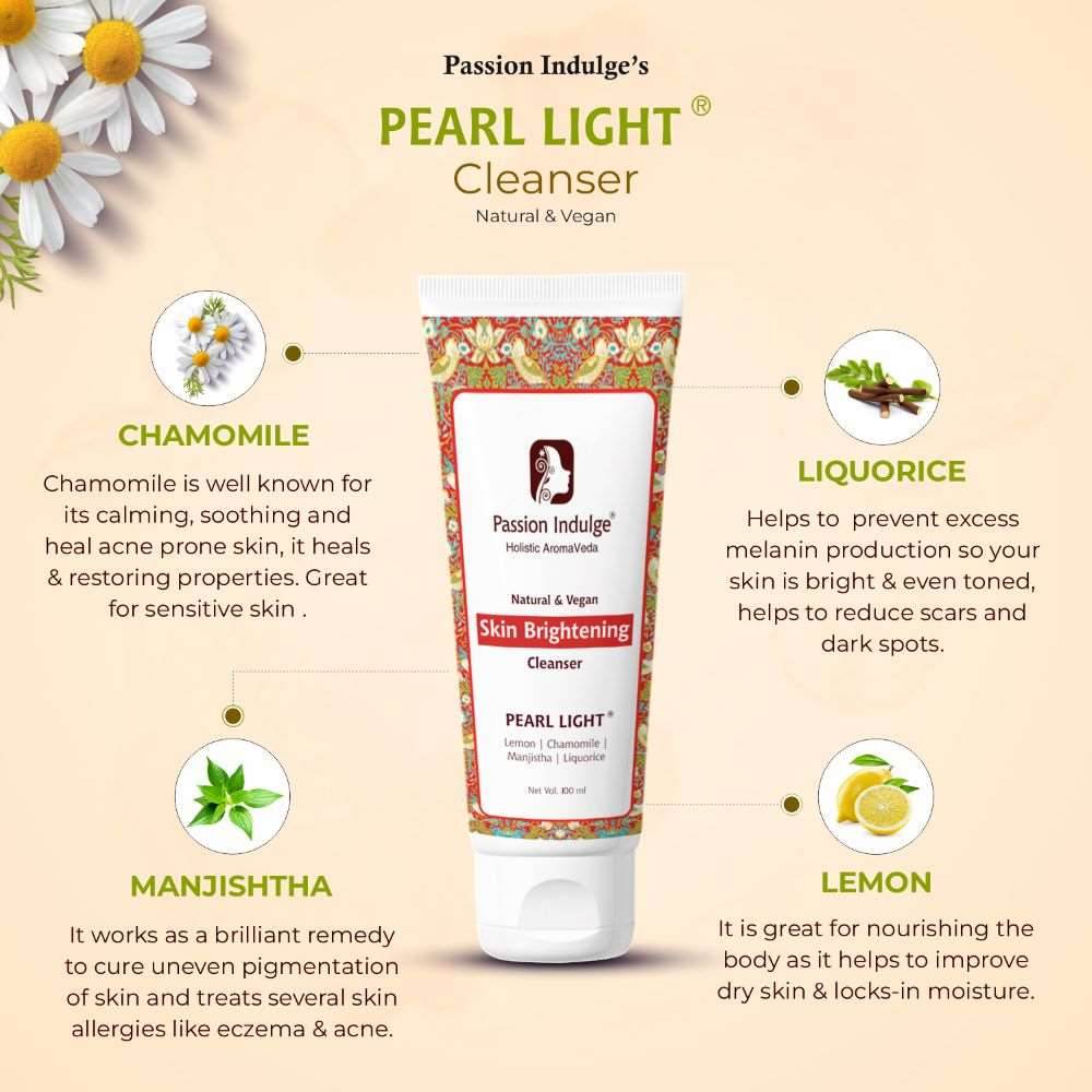 Pearl Light Cleanser 100ml & Facial Oil 10ml For Dark Spots Reduction | Skin Brightening & Lightening | Glowing Skin | Natural & Vegan | Ayurvedic - passionindulge