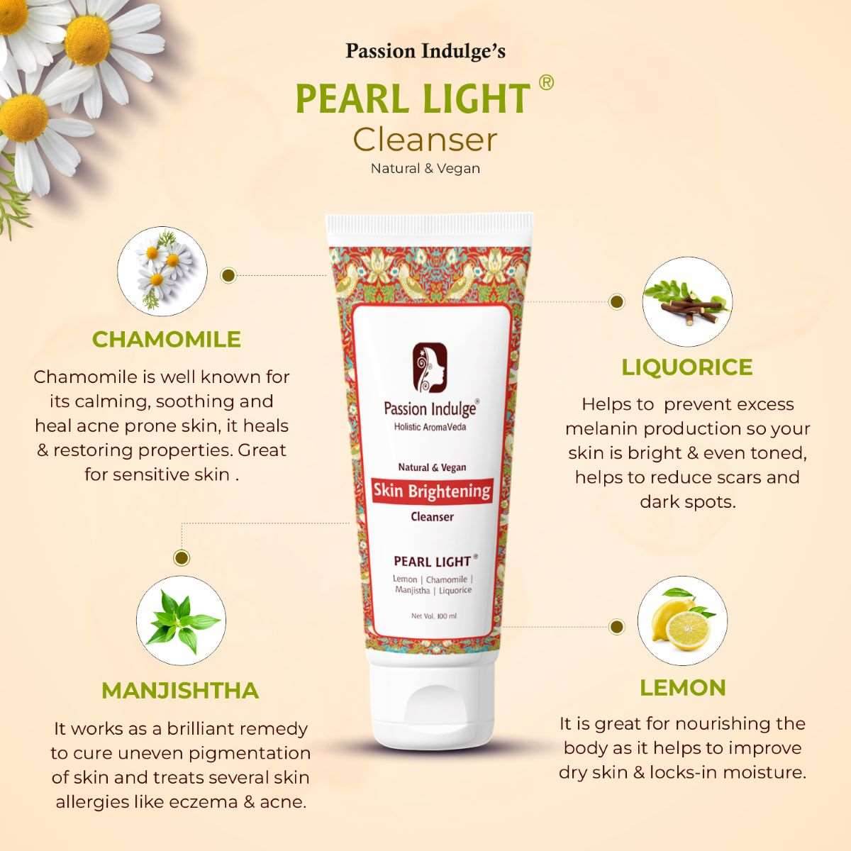 Kumkumadi Cleanser 100ml For Glowing Skin | Shine & Brightness | Anti Aging|16 Herbs | & Pearl Light Cleanser For Skin Lightening & Brightening 100ml - passionindulge