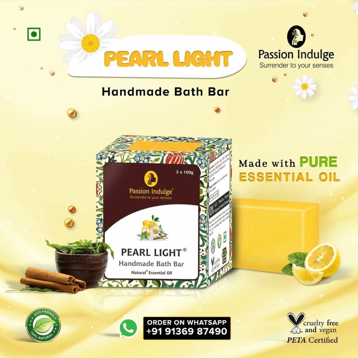 Handmade Bath Bar Soap Pearl Light - each 100gm | Natural & Vegan | Aromatherapy | Peta Certified (Pack of 3) - passionindulge