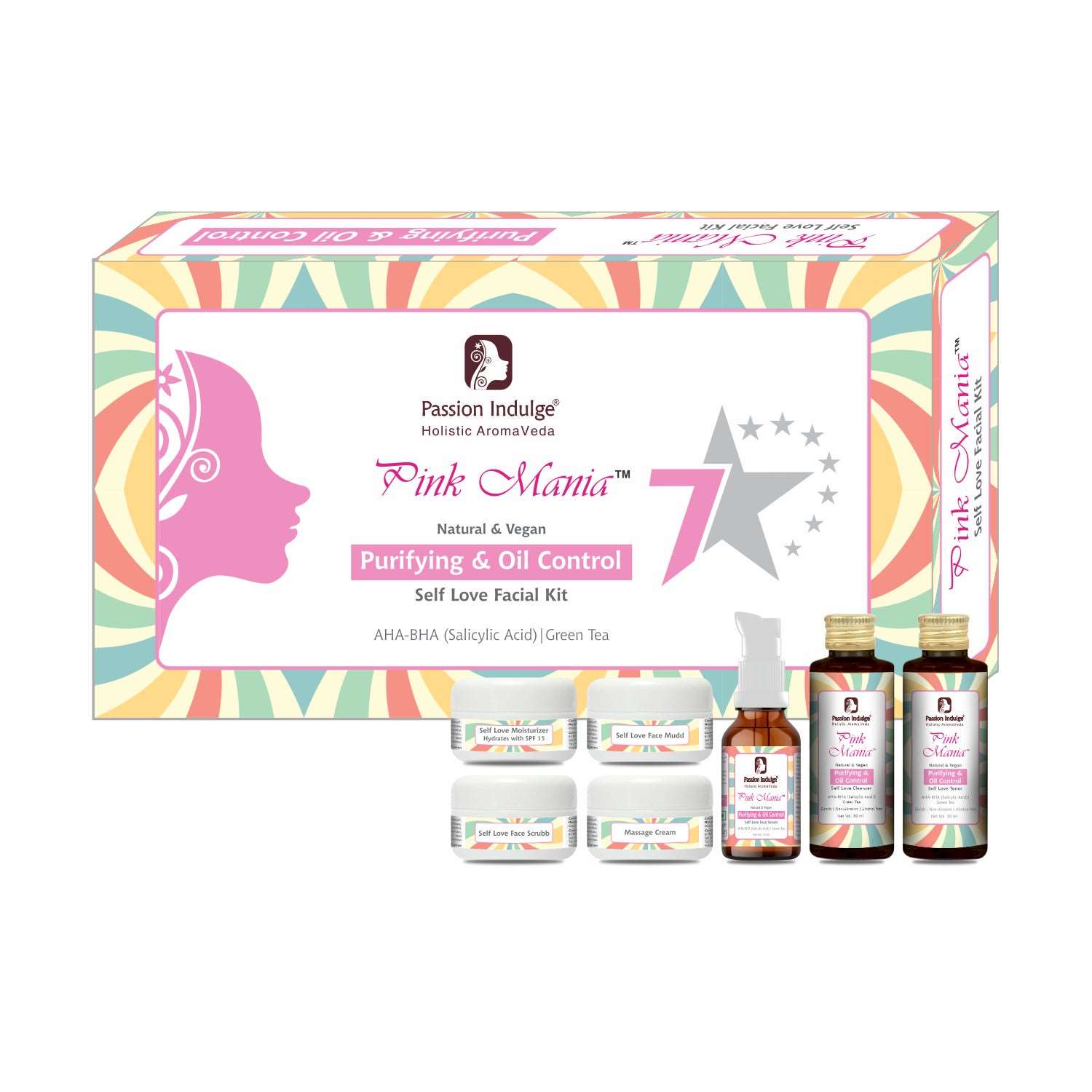 Pink Mania Purifying & Oil Control 7 Star Facial Kit With Turmeric and Green Tea | Moisturize sensitive allergic skin, Helps reduces clogged pores, and acne | Healthy skin | 7 Steps | professional