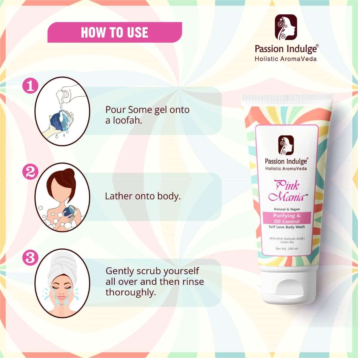 Passion Indulge Pink Mania Purifying & Oil Control AHA BHA Body Wash (200 ml) | Moisturizing | Soft & Youthful skin | All Skin Type