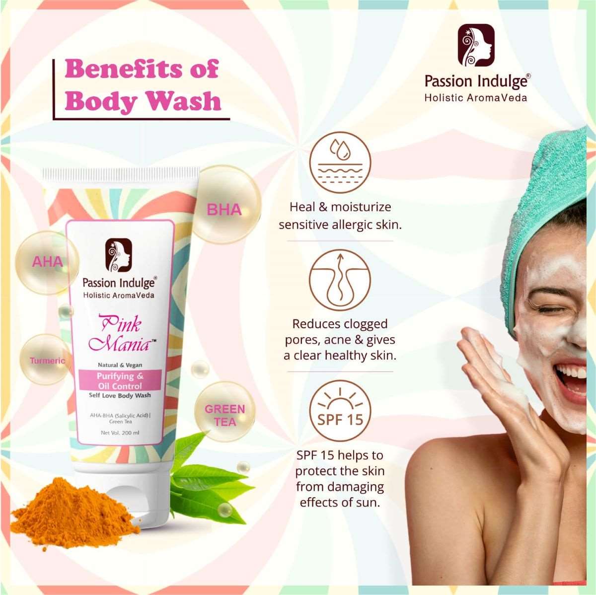 Passion Indulge Pink Mania Purifying & Oil Control AHA BHA Body Wash (200 ml) | Moisturizing | Soft & Youthful skin | All Skin Type