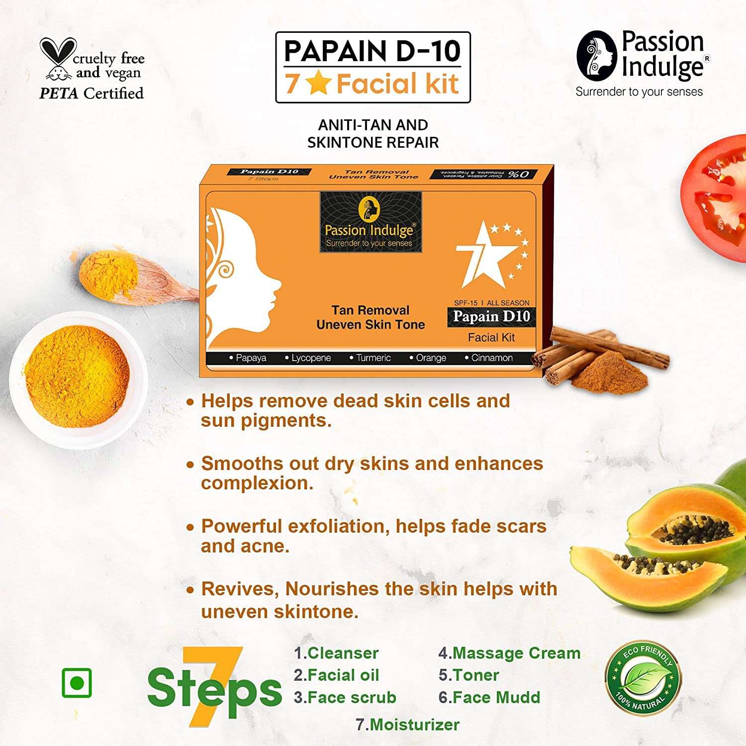 Papain D10 Natural 7 Star Facial Kit For Reduces Tan | Improves Tone & Texture | SPF 15 With Turmeric, Orange, Papaya, Tomato,Cinnamon | All Skin Type | Home Facial Kit | Natural & Vegan
