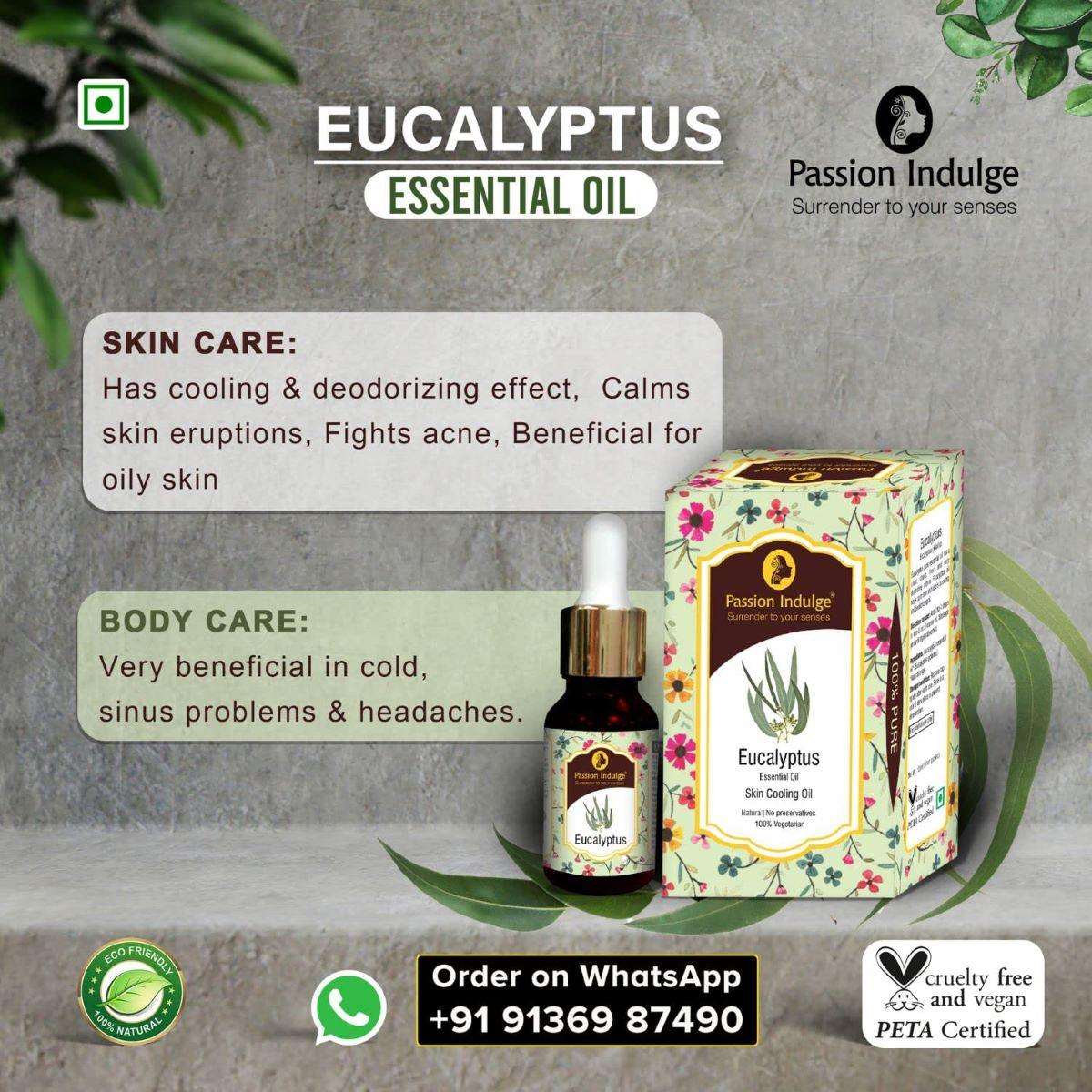 Eucalyptus Essential Oil 10ml for Skin Eruptions, Acne, Beneficial for Oily Skin | Ayurvedic | Natural & Vegan - passionindulge