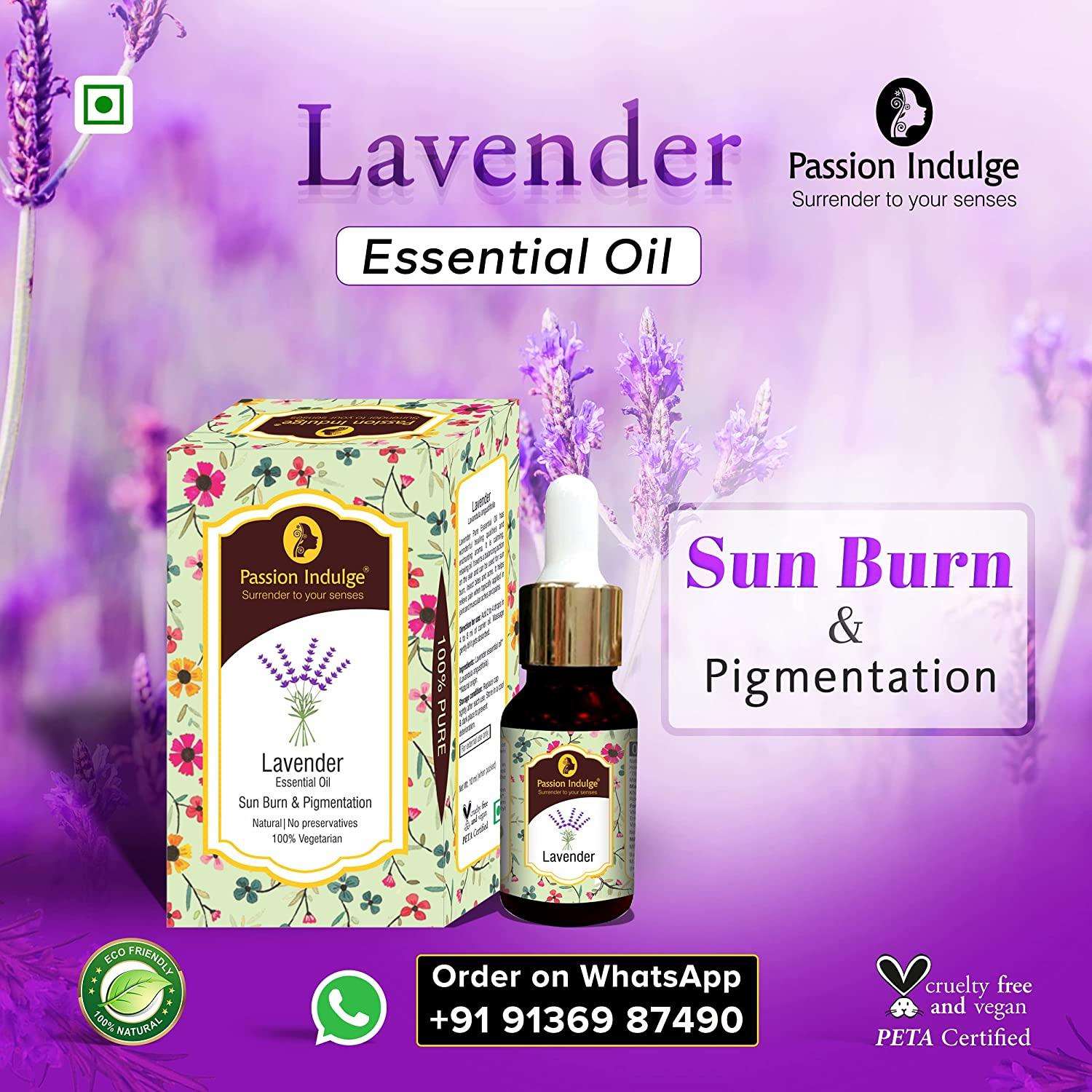 Lavender Pure Essential Oil 10ml for Acne | Sun Burn | Pigmentation & insect Repellent | Natural & Vegan - passionindulge