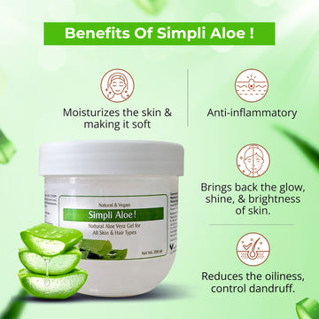 Simpli Aloe Vera Multipurpose Natural Gel 200ml | Coolant | Deep Hydration | Redness | Acne for all Skin & Hair Type | Vegan