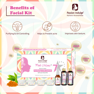 Pink Mania Purifying & Oil Control 7 Star Facial Kit With Turmeric and Green Tea | Moisturize sensitive allergic skin, Helps reduces clogged pores, and acne | Healthy skin | 7 Steps | Professional Kit