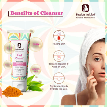 Pink Mania Purifying & Oil Control Face Cleanser With AHA BHA  (Salicylic Acid)  Green Tea & Turmeric |Reduces Redness & Acne on Skin & hydrate the skin | All Skin Types - 100ml