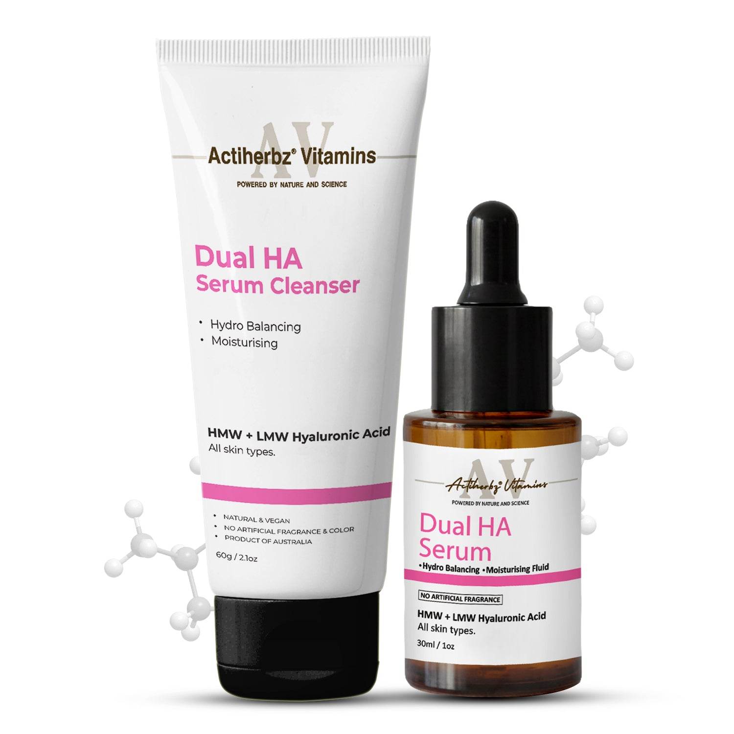 Actiherbz Vitamins Dual HA Face Serum 30ml & Dual HA Serum Cleanser 60ml Combo for Face | LMW + HMW Hyaluronic | Plump Youthful Skin, Hydro Balancing & Deep Moisturizing | All Skin Types | Natural, Vegan - passionindulge
