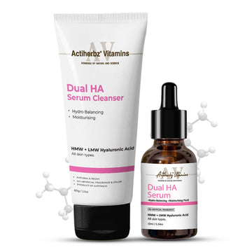 Actiherbz Vitamins Dual HA Face Serum 10ml & Dual HA Serum Cleanser 60ml Combo for Face | LMW + HMW Hyaluronic  | Plump Youthful Skin, Hydro Balancing & Deep Moisturizing | All Skin Types | Natural, Vegan