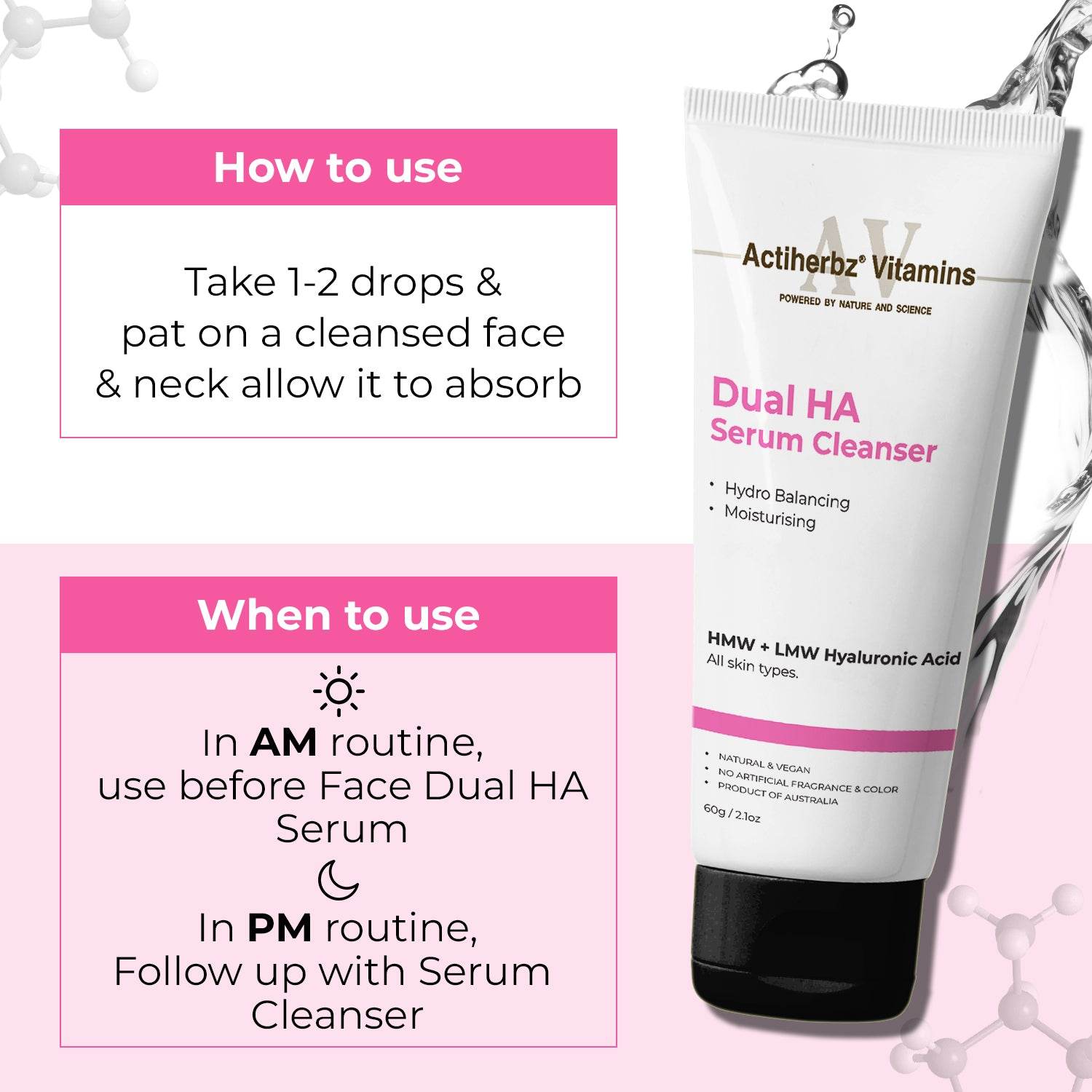 Actiherbz Vitamins Dual HA Serum Cleanser with High & Low Molecular Weight Hyaluronic for Face | Hydro Balancing & Deep Moisturizing face wash | All Skin Types | Natural , vegan | airline travel friendly 60ml - passionindulge