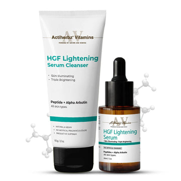 Actiherbz Vitamins HGF Advanced Peptide Lightening Face Serum 30ml & Serum Cleanser 60ml Combo for Face | Nonapeptide, Alpha Arbutin and Hyaluronic Acid | Even Skin Tone, Radiance, Pigmentation Control | For All Skin Types | Natural, Vegan