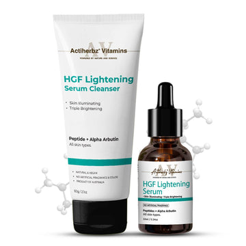Actiherbz Vitamins HGF Advanced Peptide Lightening Face Serum 10ml & Serum Cleanser 60ml Combo for Face | Nonapeptide, Alpha Arbutin and Hyaluronic Acid | Even Skin Tone, Radiance, Pigmentation Control | For All Skin Types | Natural, Vegan