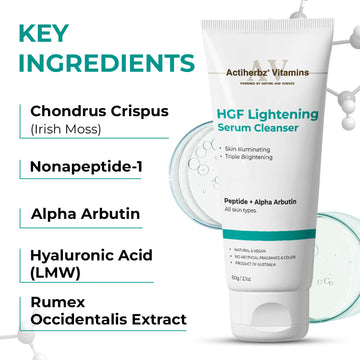 Actiherbz Vitamins HGF Lightening Serum Cleanser - Nonapeptide & Alpha Arbutin Face wash  Cleanser for Skin Radiance & Even Tone | Triple Glow Boost Formula for All Skin Types | airline travel friendly 60ml