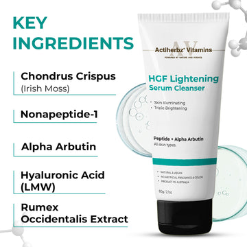 Actiherbz Vitamins HGF Lightening Serum Cleanser - Nonapeptide & Alpha Arbutin Face wash  Cleanser for Skin Radiance & Even Tone | Triple Glow Boost Formula for All Skin Types | airline travel friendly 60ml