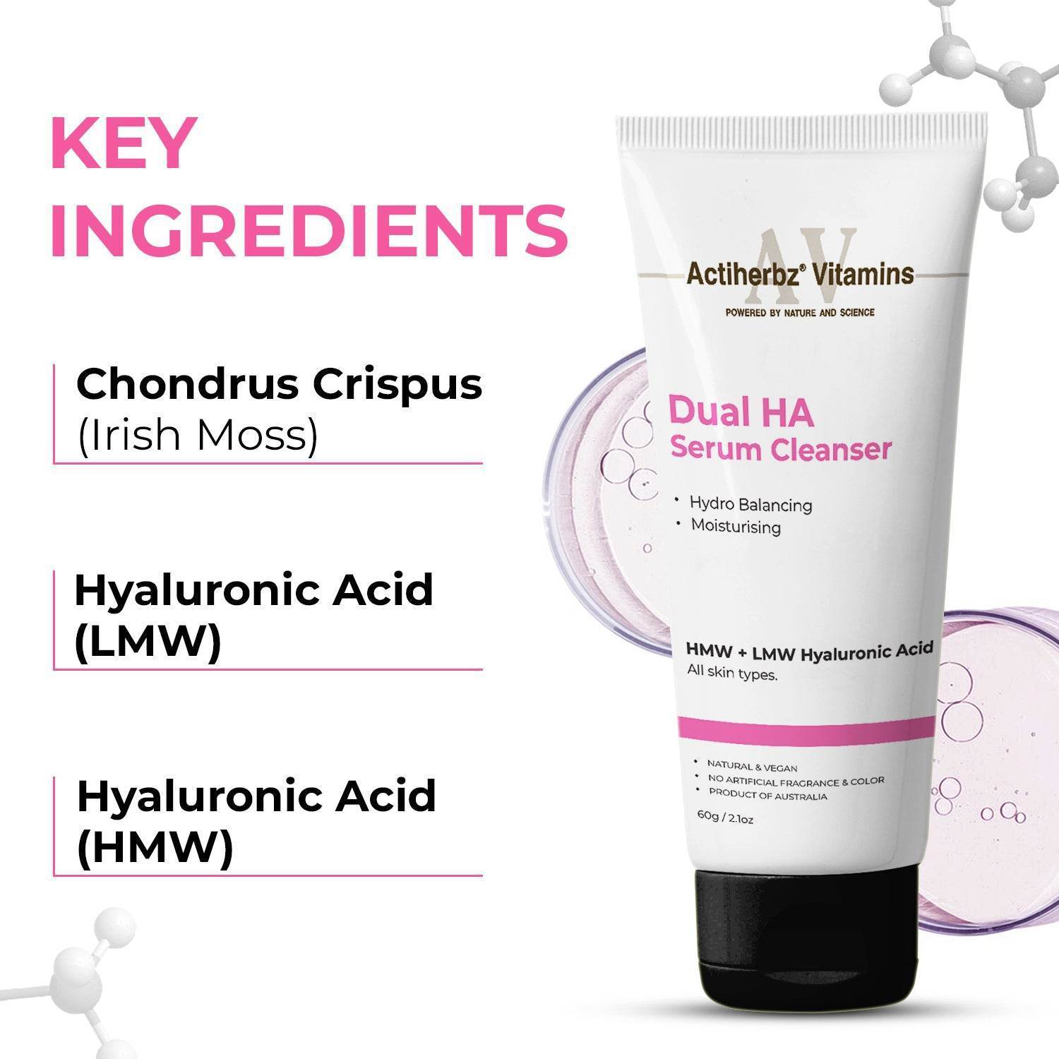 Actiherbz Vitamins Dual HA Face Serum 10ml & Dual HA Serum Cleanser 60ml Combo for Face | LMW + HMW Hyaluronic | Plump Youthful Skin, Hydro Balancing & Deep Moisturizing | All Skin Types | Natural, Vegan - passionindulge